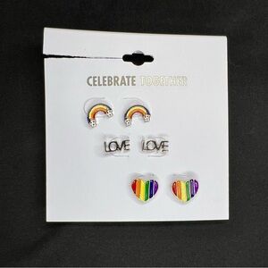 CELEBRATE TOGETHER KOHL’S 3 PAIRS OF EARRINGS- RAINBOW, LOVE, RAINBOW HEARTS